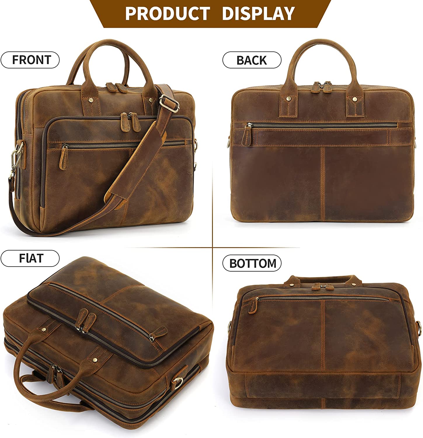 Ringsun Leather Briefcase for Men Large Satchel Bags, Mens Business Travel Case Messenger Bag, Fits 15.6" Leather Laptop Bag - Image 5